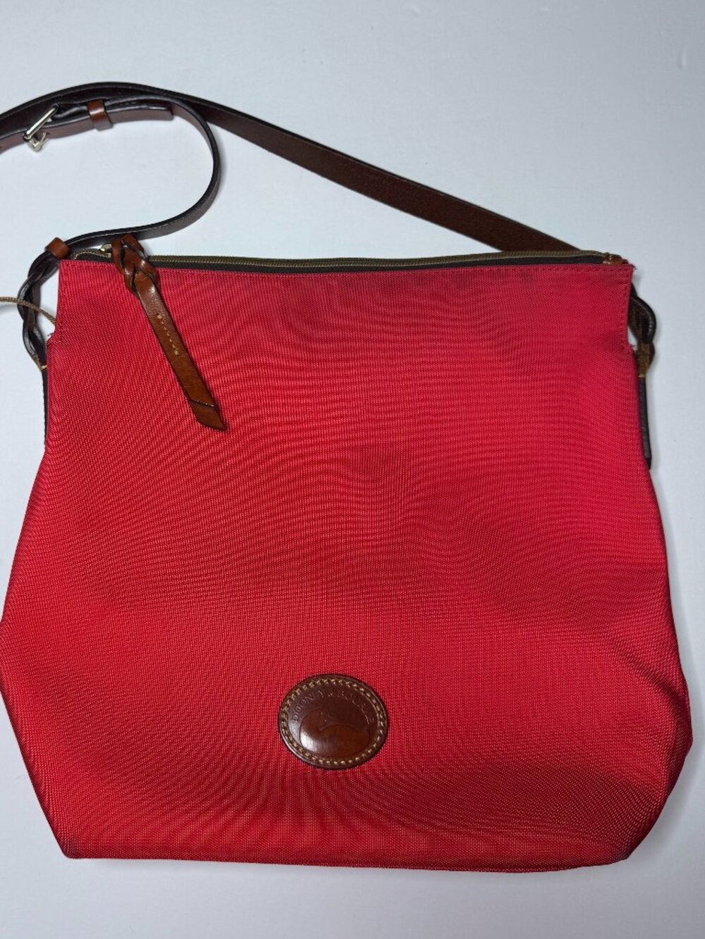 Dooney & Bourke Red Canvas Nylon Crossbody Bag Purse Leather Trim Adjustable